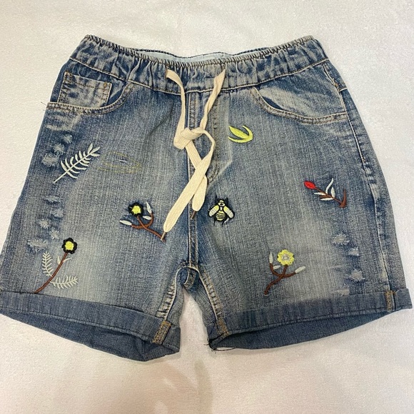None Pants - Elasticated waist jean shorts with drawstrings.